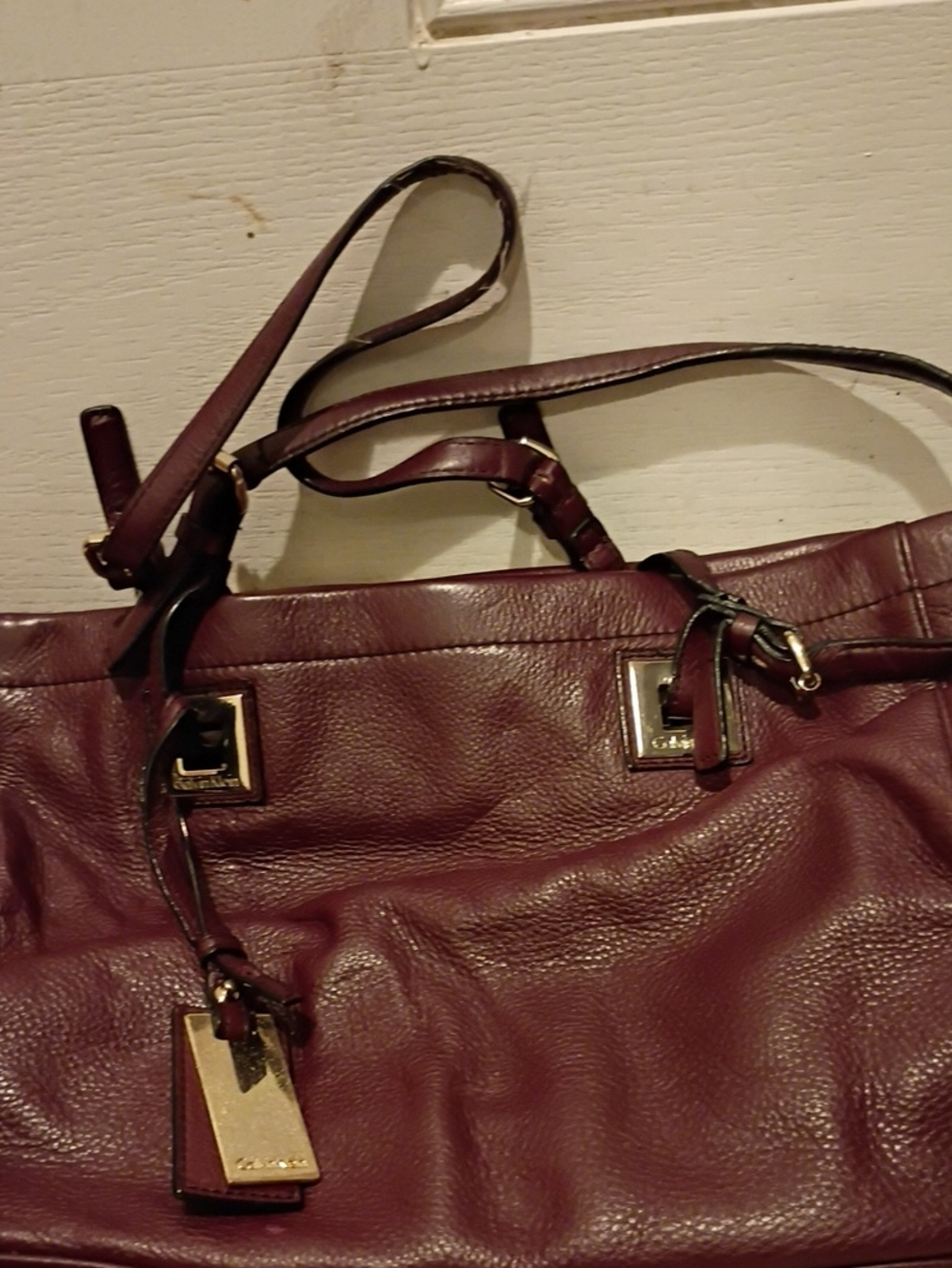 Women's Shoulder Tote in Deep Plum Leather with Gold Accents